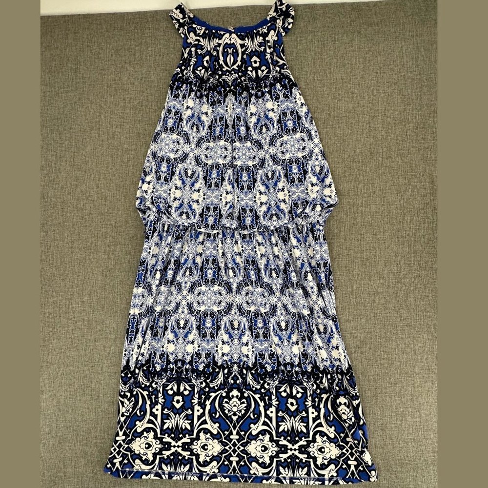 London Times Dress Size 10 Blue & White Elastic Waist Belt Strap Tie Stretch